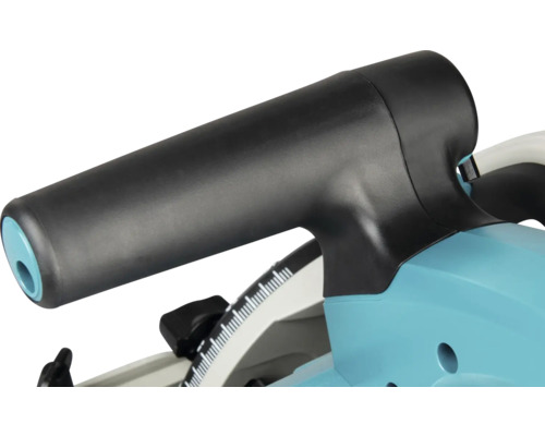 Nahaufnahme des schwarzen vorderen Griffs einer blauen Handkreissäge mit weißer Winkelskala.