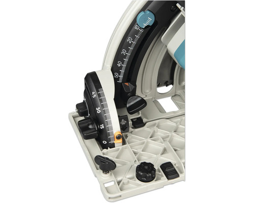 Detailansicht einer Handkreissäge mit Skalen für die Neigungswinkeleinstellung von 0 bis 45 Grad und Tiefeneinstellung.