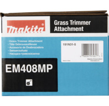Makita Logo auf Verpackung des Sensenaufsatzes EM408MP mit Modellnummer und Barcode.