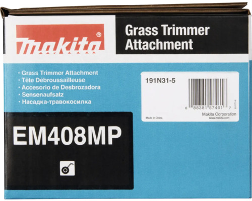 Makita Logo auf Verpackung des Sensenaufsatzes EM408MP mit Modellnummer und Barcode.