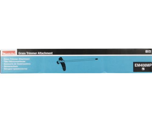 Makita Sensenaufsatz EM408MP für Multifunktionsantriebe in Originalverpackung mit Produktabbildung und Makita Logo.