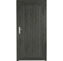 Dunkelgraue Holztür für den Garten mit vertikalen Latten und silberfarbenem Türgriff.