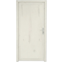 Weiße Zimmertür aus Holz mit sichtbarer Holzmaserung, inklusive Türzarge und silberfarbenem Türgriff.