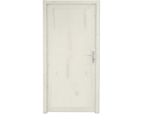 Weiße Zimmertür aus Holz mit sichtbarer Holzmaserung, inklusive Türzarge und silberfarbenem Türgriff.