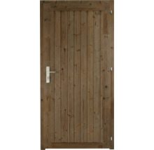 Holztür aus vertikalen Holzlatten mit Drückergarnitur aus Metall und Schloss.