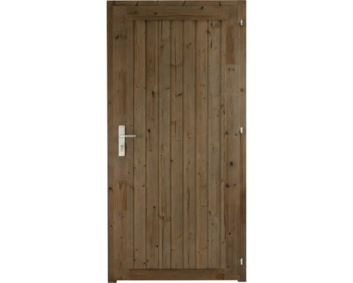 Holztür aus vertikalen Holzlatten mit Drückergarnitur aus Metall und Schloss.