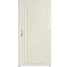 Weiße Nebeneingangstür aus lasiertem Holz mit vertikalen Paneelen und Drückergarnitur