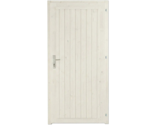 Weiße Nebeneingangstür aus lasiertem Holz mit vertikalen Paneelen und Drückergarnitur