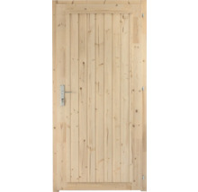 Zimmertür aus hellem Naturholz in vertikaler Lattenoptik mit silberner Drückergarnitur und Schlüssel.