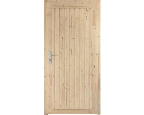 Zimmertür aus hellem Naturholz in vertikaler Lattenoptik mit silberner Drückergarnitur und Schlüssel.