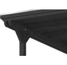 Detailansicht einer dunkelgrauen Dachkonstruktion aus Holz für ein Carport oder eine Terrassenüberdachung mit Pfosten und Balken.