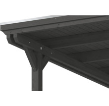 Detailansicht einer anthrazitfarbenen Dachkonstruktion aus Holz mit Balken und Pfosten für ein Carport oder eine Terrassenüberdachung.