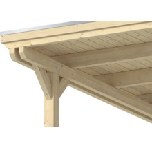 Detailansicht einer Dachkonstruktion aus Holz mit Pfosten, Balken und Dachschalung für eine Überdachung.