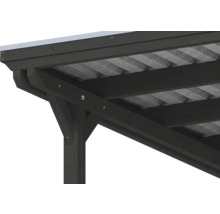 Detailansicht einer Eckverbindung eines Carports aus dunklem Holz mit Trapezblechdach.