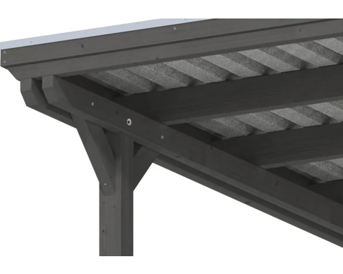 Nahaufnahme einer anthrazitfarbenen Holz-Dachkonstruktion für Carport oder Terrassenüberdachung mit Pfosten, Balken und Dacheindeckung.