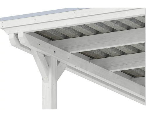 Detail einer Carport-Eckverbindung aus Holz mit Dachsparren und Wellplatten.