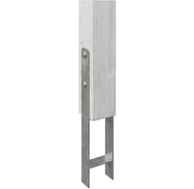 U-Pfostenträger aus verzinktem Stahl an einem Holzpfosten, befestigt mit Bolzen.