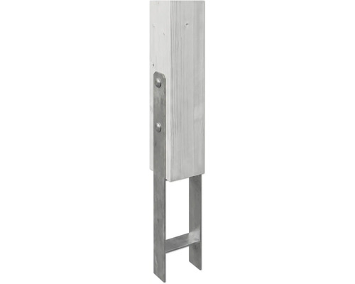 U-Pfostenträger aus verzinktem Stahl an einem Holzpfosten, befestigt mit Bolzen.