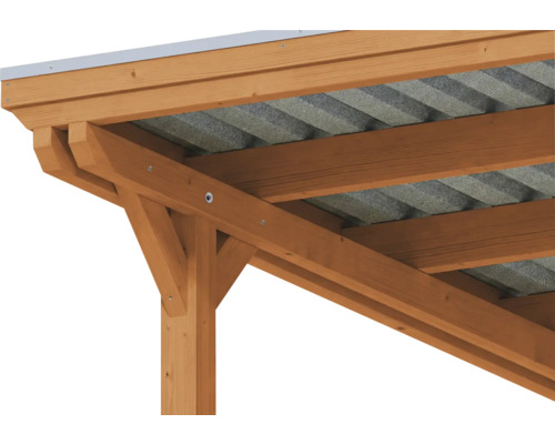 Detailaufnahme einer Holzkonstruktion für ein Carport oder Terrassendach mit Pfosten, Kopfband und Wellplatten.