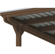 Detailansicht einer Carport-Konstruktion aus Holz mit Stützpfosten, Querbalken und Wellplattendach.
