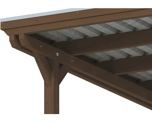 Detailansicht einer Carport-Konstruktion aus Holz mit Stützpfosten, Querbalken und Wellplattendach.