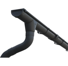 Anthrazitfarbene Dachrinne aus Kunststoff mit Endstück, Einhängestutzen und Fallrohranschluss über Rohrbögen.