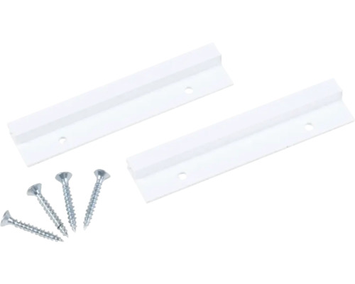Zwei weiße Führungsschienen aus Kunststoff mit vier Schrauben