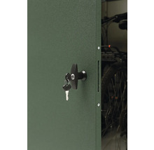 Detailansicht eines abschliessbaren Fahrradschuppens mit Fahrrädern im Inneren