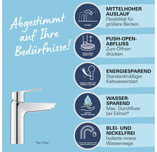 Armatur mit mittlerem Auslauf, Push-Open-Abluss, Energiesparfunktion, Wassersparfunktion, Blei- und Nickelfreiheit