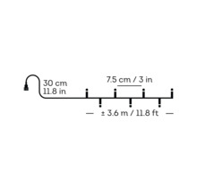 Skizze einer Lichterkette mit Maßen: Zuleitung 30 Zentimeter, Lampenabstand 7,5 Zentimeter, Gesamtlänge circa 3,6 Meter.
