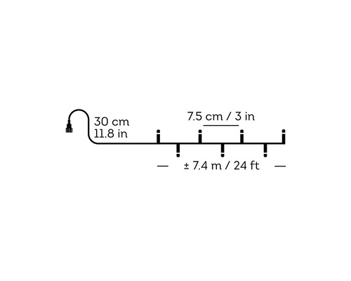 Maßzeichnung einer Lichterkette: 30 Zentimeter Zuleitung, 7,5 Zentimeter Lampenabstand, circa 7,4 Meter Gesamtlänge.
