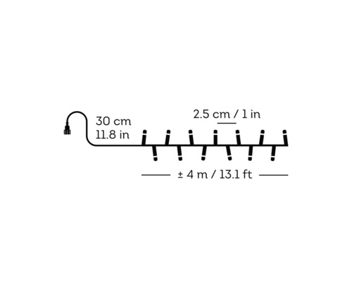 Maßzeichnung einer Lichterkette: Zuleitung 30 Zentimeter, Lampenabstand 2,5 Zentimeter, Gesamtlänge circa 4 Meter.