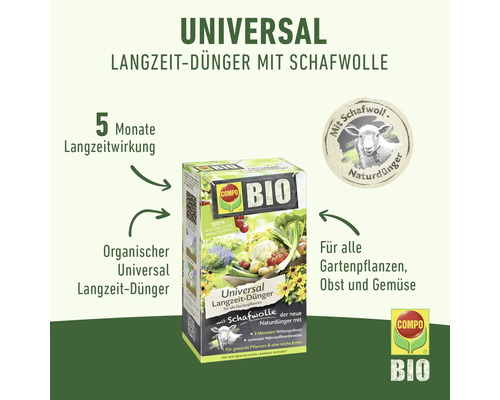 Compo Bio Universal Langzeit-Dünger mit Schafwolle für Gartenpflanzen, Obst und Gemüse