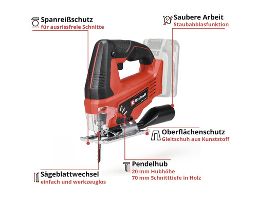 Einhell Akku Stichsäge mit Spanreißschutz, Staubabblasfunktion, Kunststoff Gleitschuh und werkzeuglosem Sägeblattwechsel