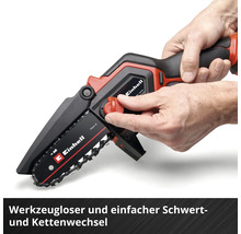 Eine Hand hält eine Akku-Kettensäge der Marke Einhell.