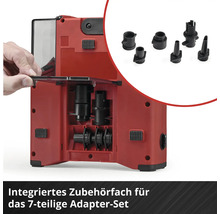 Integriertes Zubehörfach für das 7-teilige Adapterset.