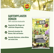 Compo Logo. Packung Bio Gartendünger mit dem Hinweis, dass es sich um 100 % natürliche Inhaltsstoffe handelt.
