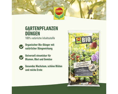 Compo Logo. Packung Bio Gartendünger mit dem Hinweis, dass es sich um 100 % natürliche Inhaltsstoffe handelt.