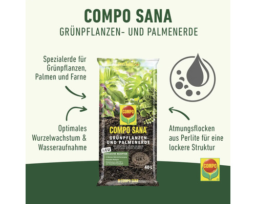 COMPO Logo. COMPO SANA Grünpflanzen- und Palmenerde, 40 Liter, Spezialerde mit Perlite für lockere Struktur und optimales Wurzelwachstum.