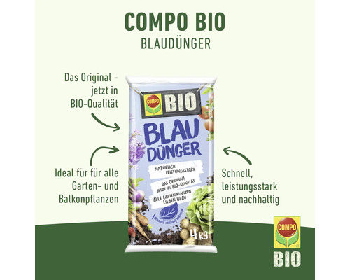 COMPO Bio Blaudünger 4 kg, organischer Universaldünger für alle Garten- und Balkonpflanzen.