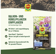 Compo Sana Balkon- und Kübelpflanzenerde 50 Liter mit Depotdünger bis zu 12 Wochen, Wasserspeicher und Nährstoffmix. Compo Logo.