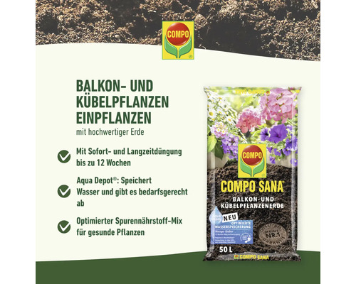 Compo Sana Balkon- und Kübelpflanzenerde 50 Liter mit Depotdünger bis zu 12 Wochen, Wasserspeicher und Nährstoffmix. Compo Logo.