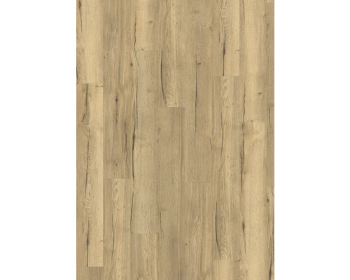 Laminatboden in rustikaler Eichenoptik mit ausgeprägter Maserung und sichtbaren Rissen.