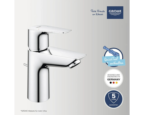 Grohe Waschtischarmatur in Chrom inklusive Montagewerkzeug, Qualität aus Deutschland mit fünf Jahren Garantie. Grohe Logo.