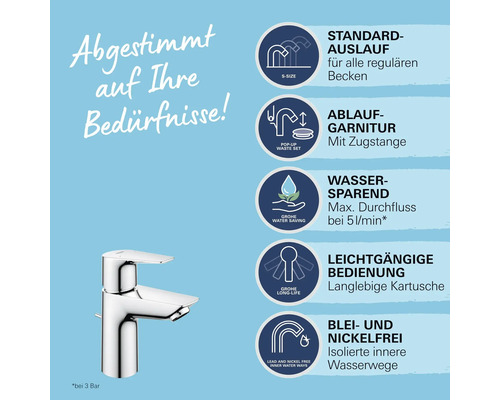 Grohe Waschtischarmatur Größe S mit Ablaufgarnitur, Wassersparfunktion 5 Liter pro Minute, langlebiger Kartusche und bleifreien Wasserwegen.