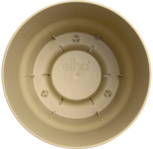 Innenansicht eines runden Kunststoff-Blumentopfs mit Drainageöffnungen und elho Logo.