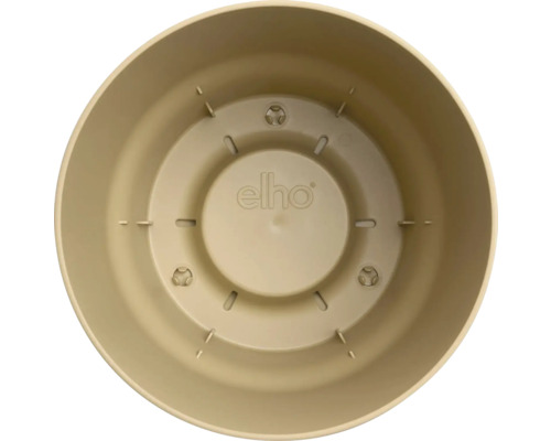 Innenansicht eines runden Kunststoff-Blumentopfs mit Drainageöffnungen und elho Logo.