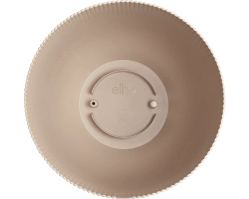 Draufsicht einer runden Pflanzschale mit geriffeltem Rand, elho Logo und Drainageöffnung im Boden.