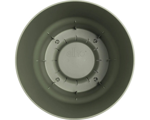 Innenansicht eines runden Elho Blumentopfs aus Kunststoff mit Entwässerungsschlitzen und Elho Logo.