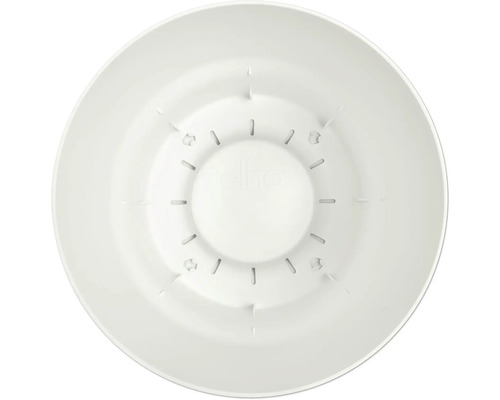 Innenansicht eines runden, weißen Elho Pflanztopfs aus Kunststoff mit Entwässerungsschlitzen.